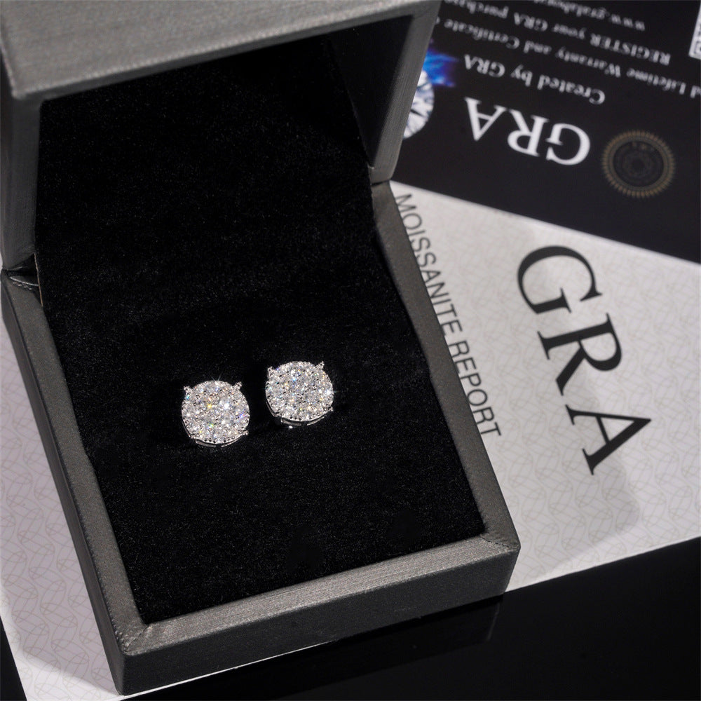 Ricady Jewel 925 Silver VVS Moissanite Round Full-Drill Hip Hop Earrings - Unisex Euro Trend