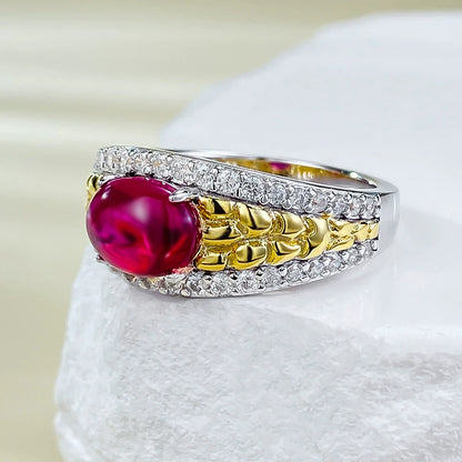 925 Silver Gold-Plated Pigeon Blood Ring | 6*8mm Cabochon, Old Money Vibe