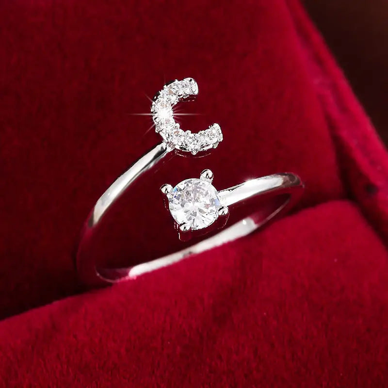 26 Letter Micro-Pave Zircon Ring for Women - 14K Gold Plated Copper Open Plain Band