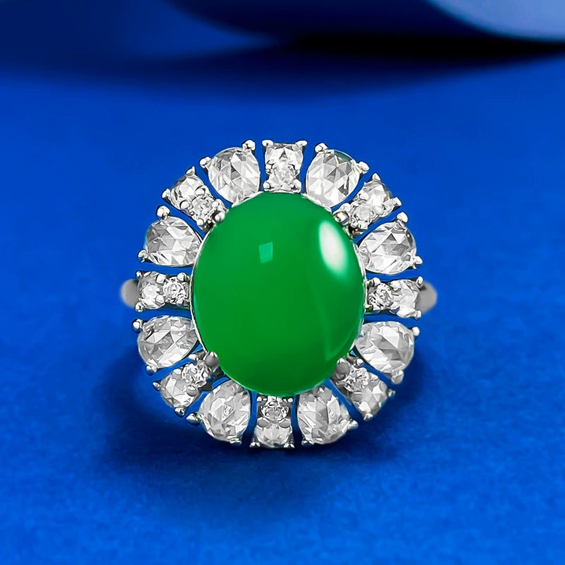925 Silver Plated 10*12mm Green Chalcedony Cabochon Ring - Elegant Style