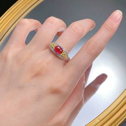 925 Silver Gold-Plated Pigeon Blood Ring | 6*8mm Cabochon, Old Money Vibe