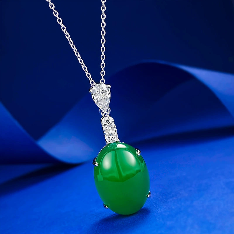 S925 Silver Inlaid Emerald Green Jade Pendant Necklace | Adjustable