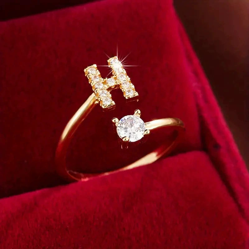 26 Letter Micro-Pave Zircon Ring for Women - 14K Gold Plated Copper Open Plain Band