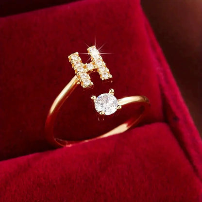 26 Letter Micro-Pave Zircon Ring for Women - 14K Gold Plated Copper Open Plain Band