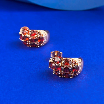 S925 Silver Garnet Red Stud Earrings, 3-Row Full CZ, Retro Statement Design