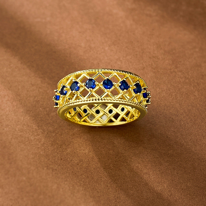 Blue Spinel Eternity Ring | S925 Silver Gold-Plated Wide Band Ins Style