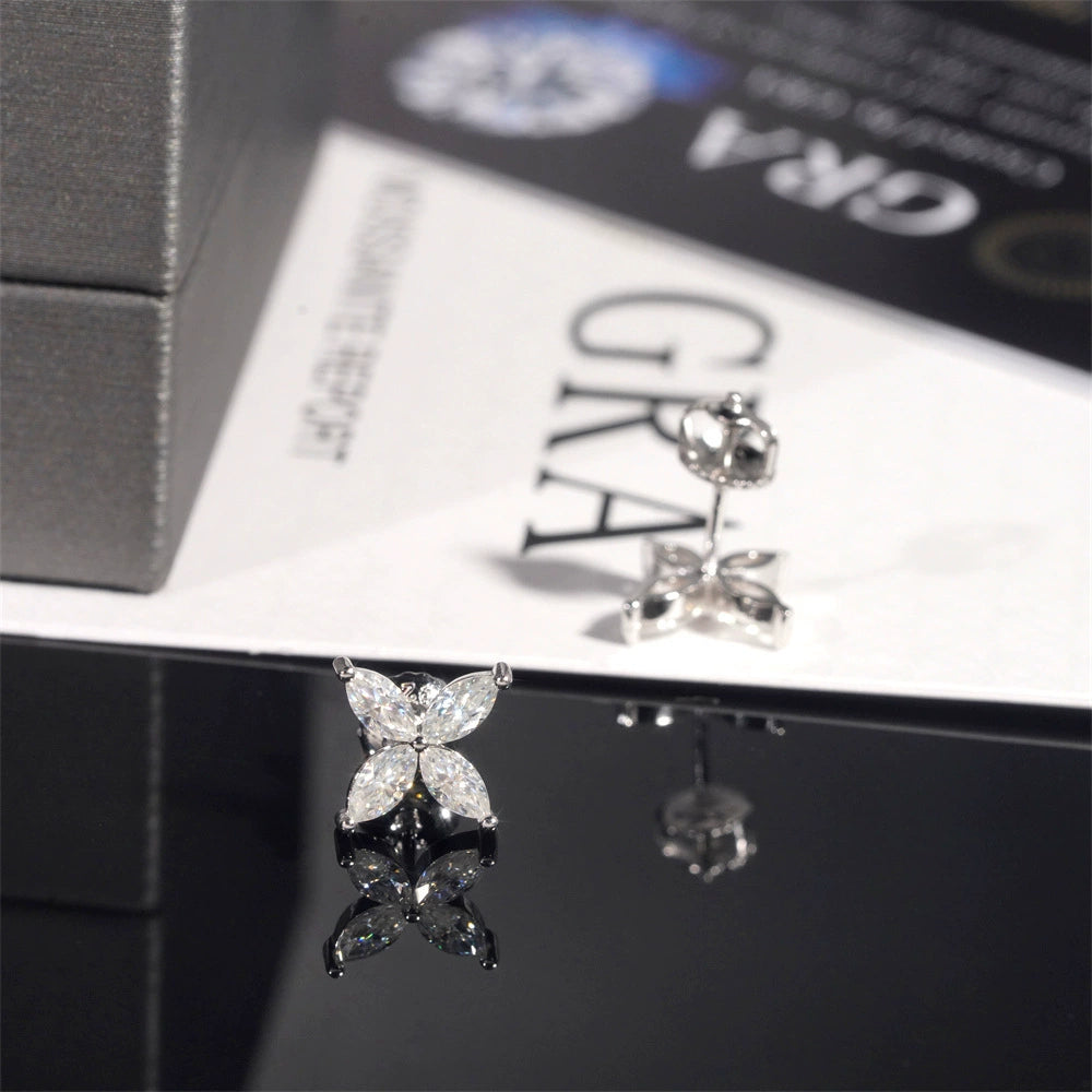 Marquise-Cut Moissanite Flower Stud Earrings in Sterling Silver for Women — Delicate Elegance
