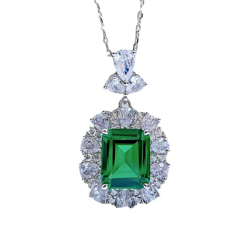 925 Sterling Silver Necklace for Women, Retro Style, 4CT Nano Green Stone Pendant (9*11mm)