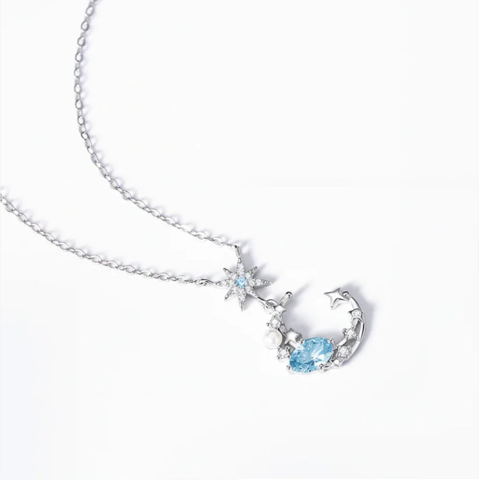 Moon Star Necklace Sterling Silver Blue Zirconia Pendant Women
