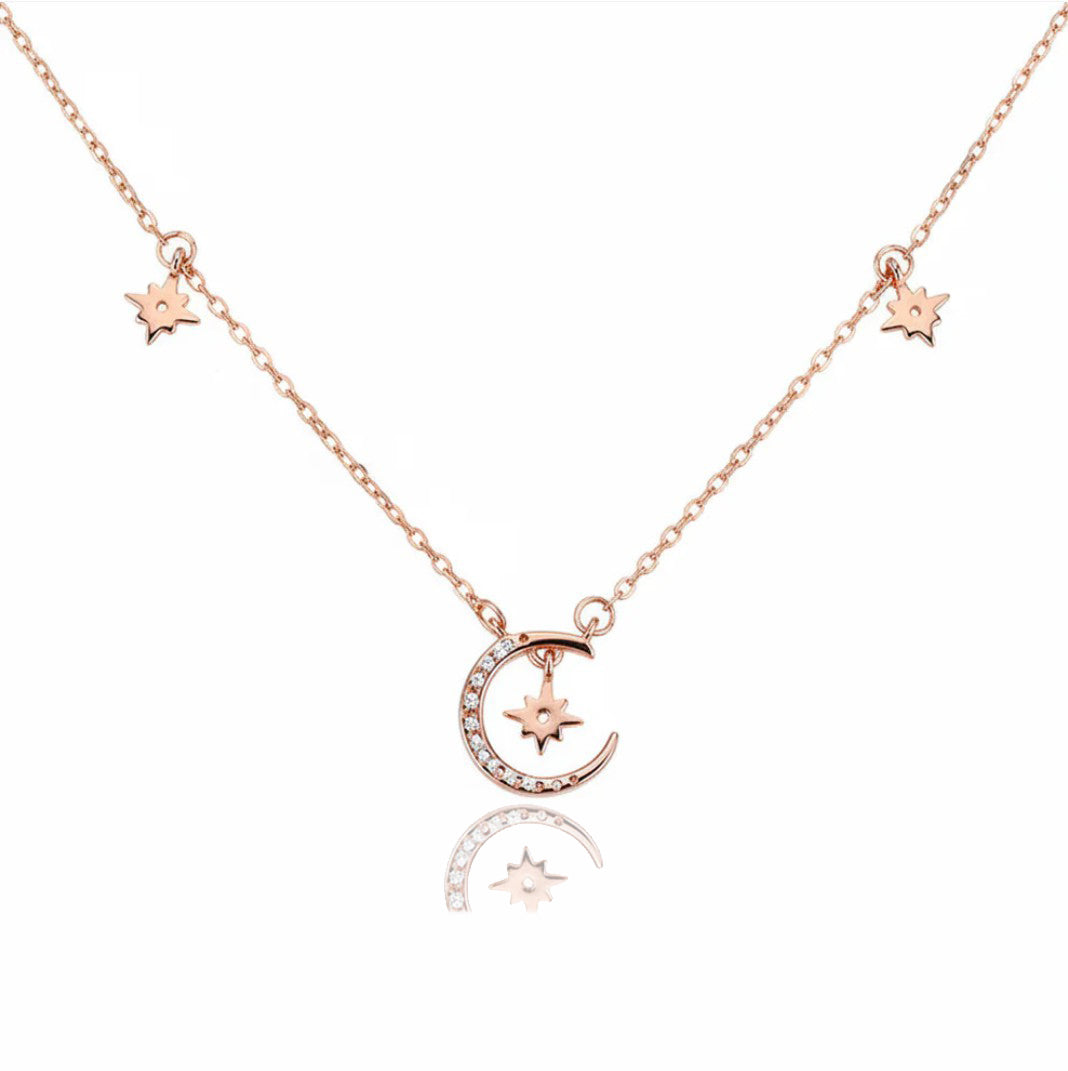 Moon Star Necklace Rose Gold Sterling Silver Zirconia for Women