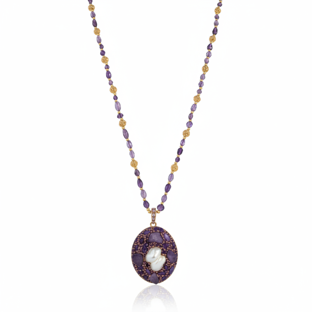 Amethyst beaded necklace white background