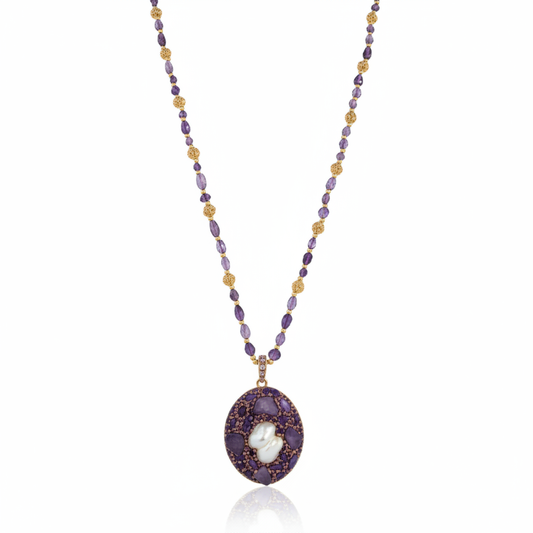 Amethyst beaded necklace white background