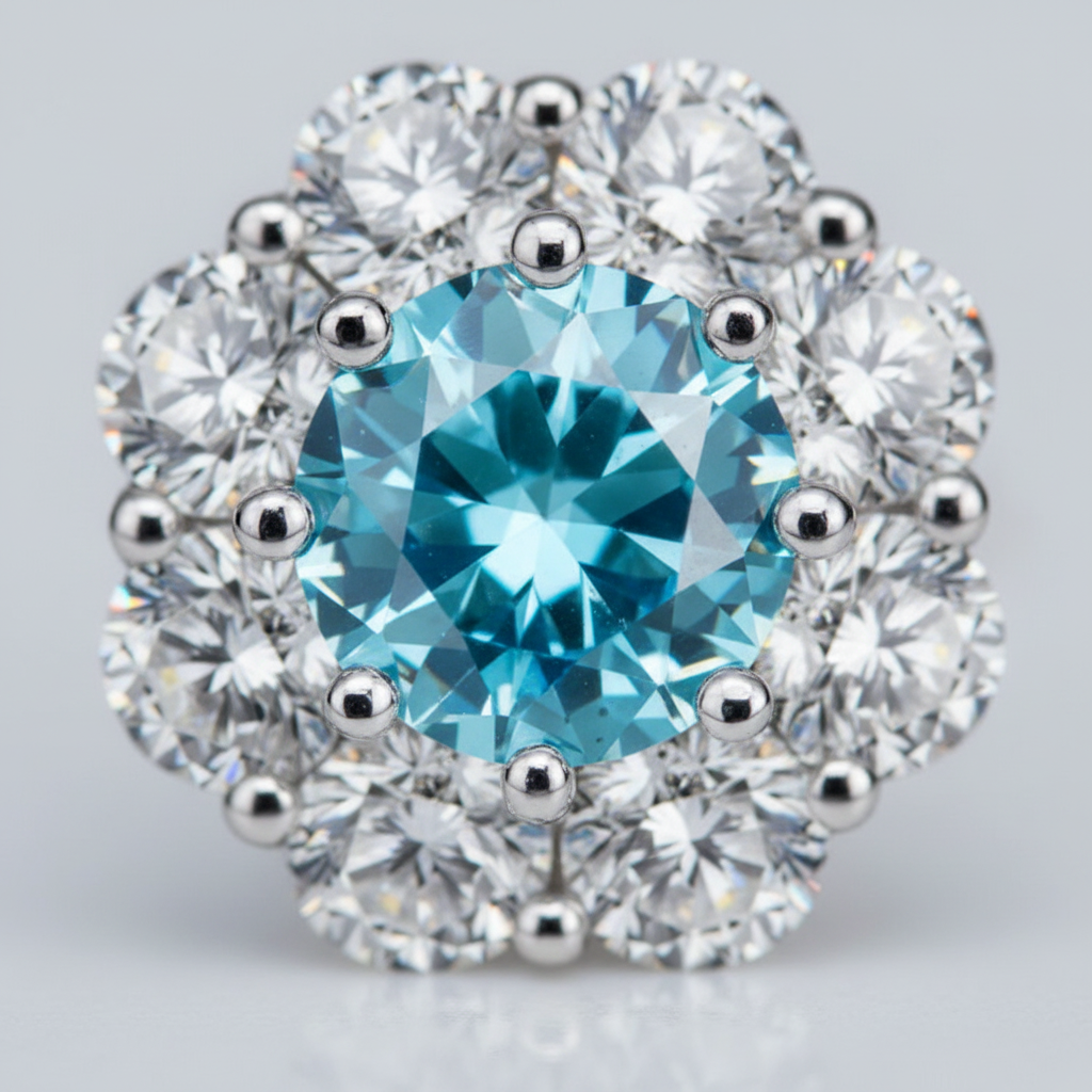 Close-up detail of colored center stone and white diamond halo
