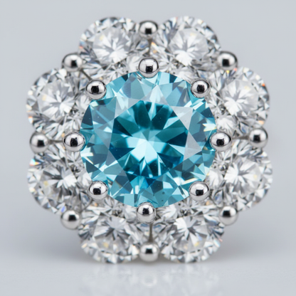 Close-up detail of colored center stone and white diamond halo