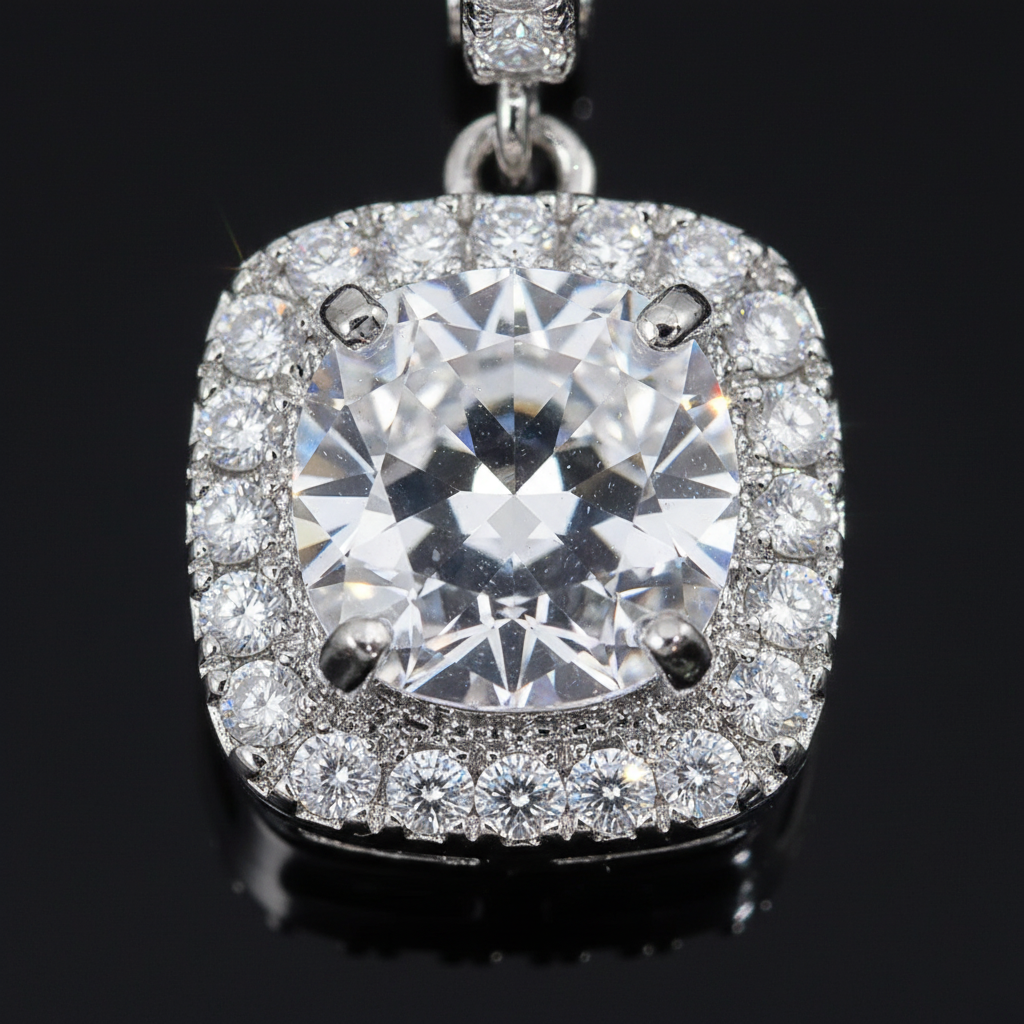 Close-up detail of cushion-cut center stone, halo, and lever-back