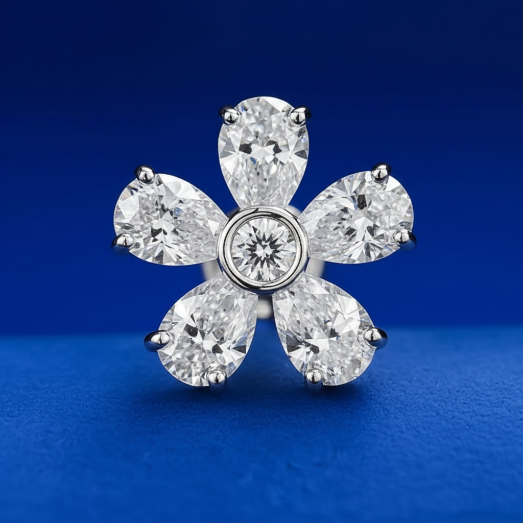 Close-up detail of diamond flower stud with pear-shaped petals and round center