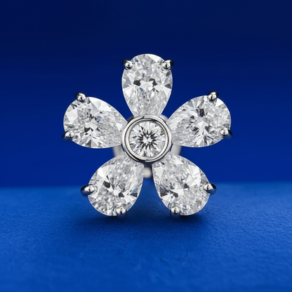 Close-up detail of diamond flower stud with pear-shaped petals and round center