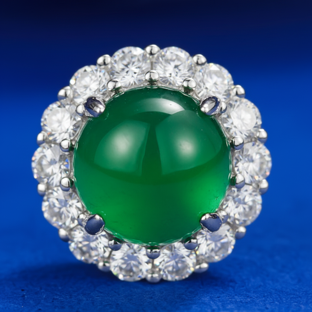 Close-up detail of jade cabochon and diamond halo