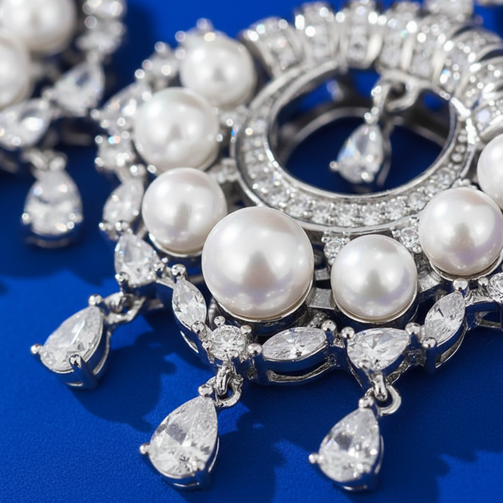 Close-up detail of pearl and diamond chandelier earring with art deco design