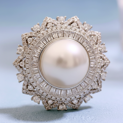 Close-up detail of pearl luster and double diamond halo