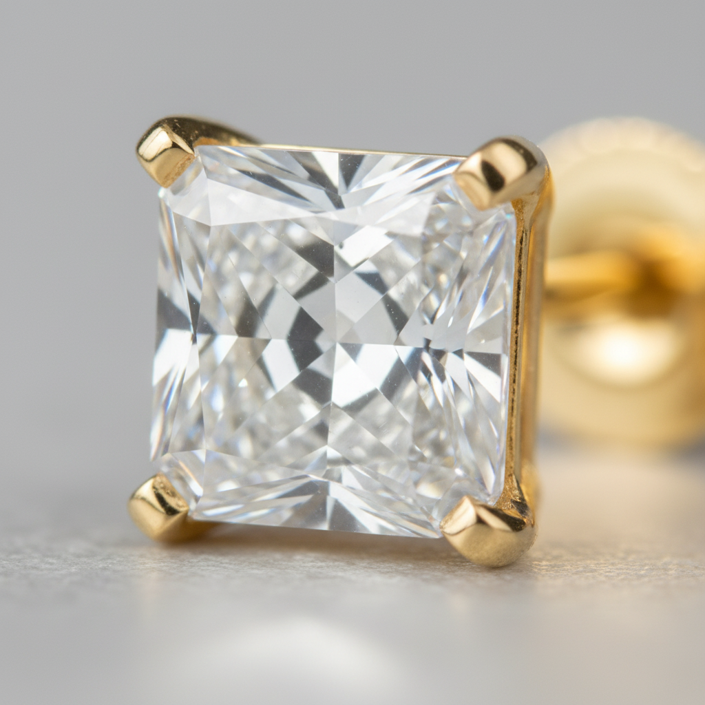 Close-up detail of princess-cut diamond facets and four-prong setting