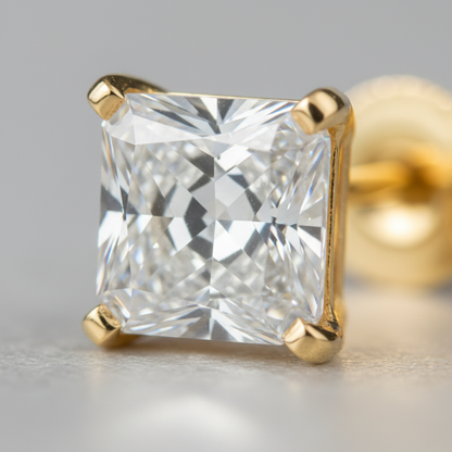 Close-up detail of princess-cut diamond facets and four-prong setting