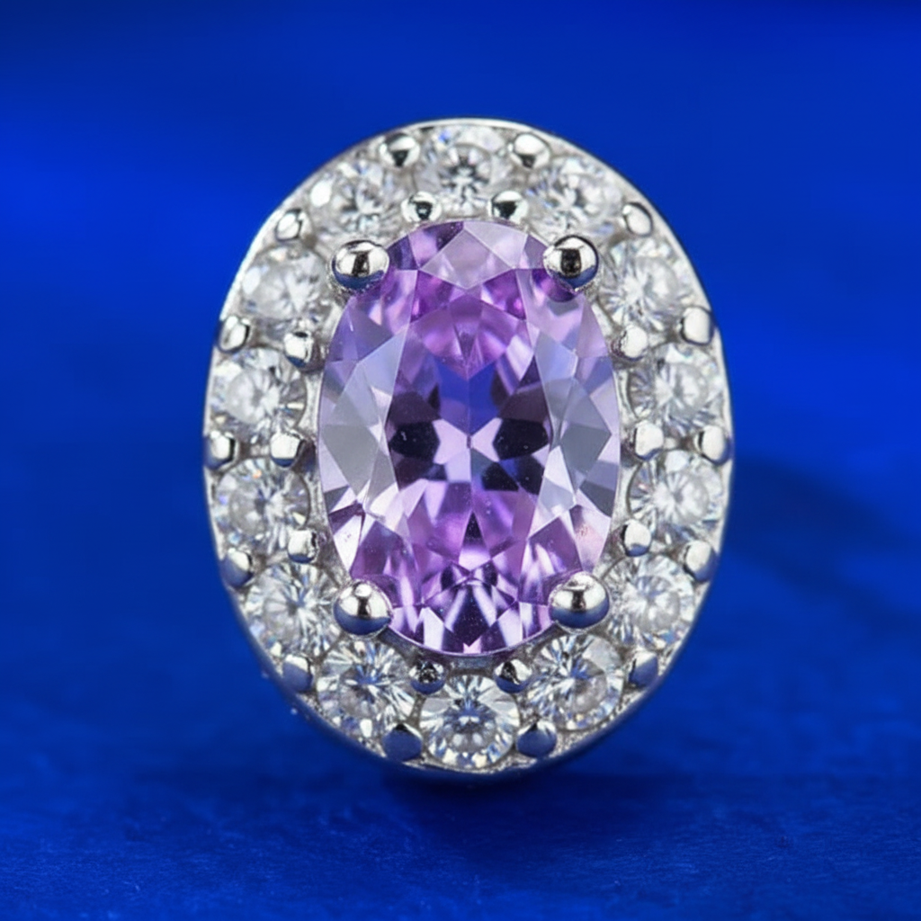 Close-up detail of purple amethyst center stone and white diamond halo