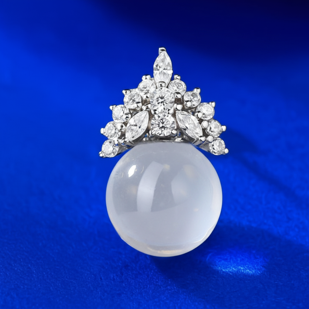 Close-up detail of translucent white gemstone and diamond crown