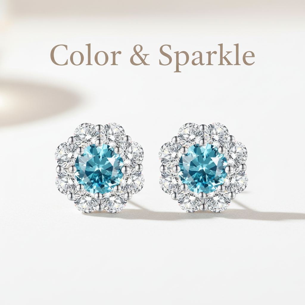 Colored diamond earrings with "Color & Sparkle" text overlay