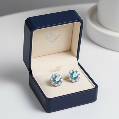 Colored diamond halo earrings in luxury gift box - gift-ready presentation