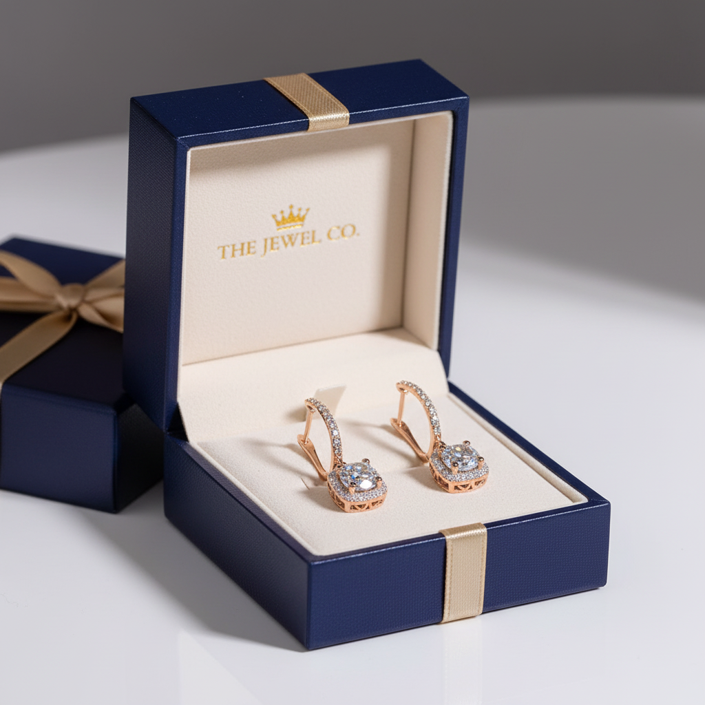 Cushion-cut halo drop earrings in luxury gift box - gift-ready presentation