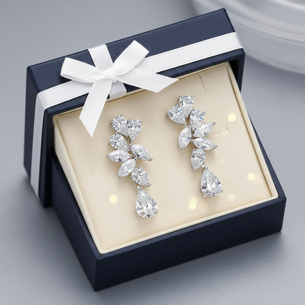 Diamond cluster drop earrings in luxury gift box - gift-ready presentation
