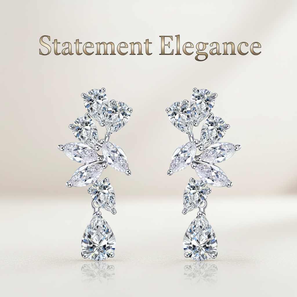 Diamond cluster earrings with "Statement Elegance" text overlay