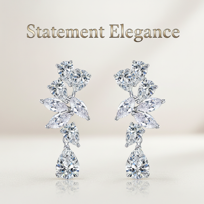 Diamond cluster earrings with "Statement Elegance" text overlay