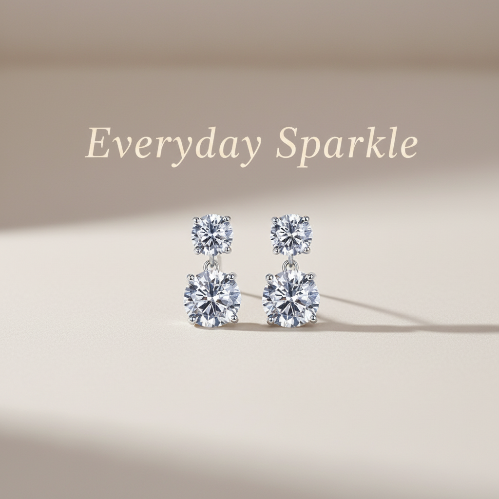 Diamond drop earrings with "Everyday Sparkle" text overlay
