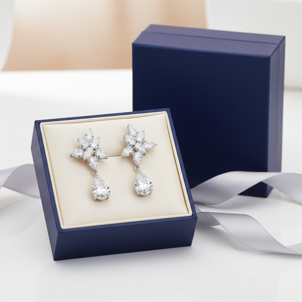 Diamond flower cluster drop earrings in luxury gift box - gift-ready presentation