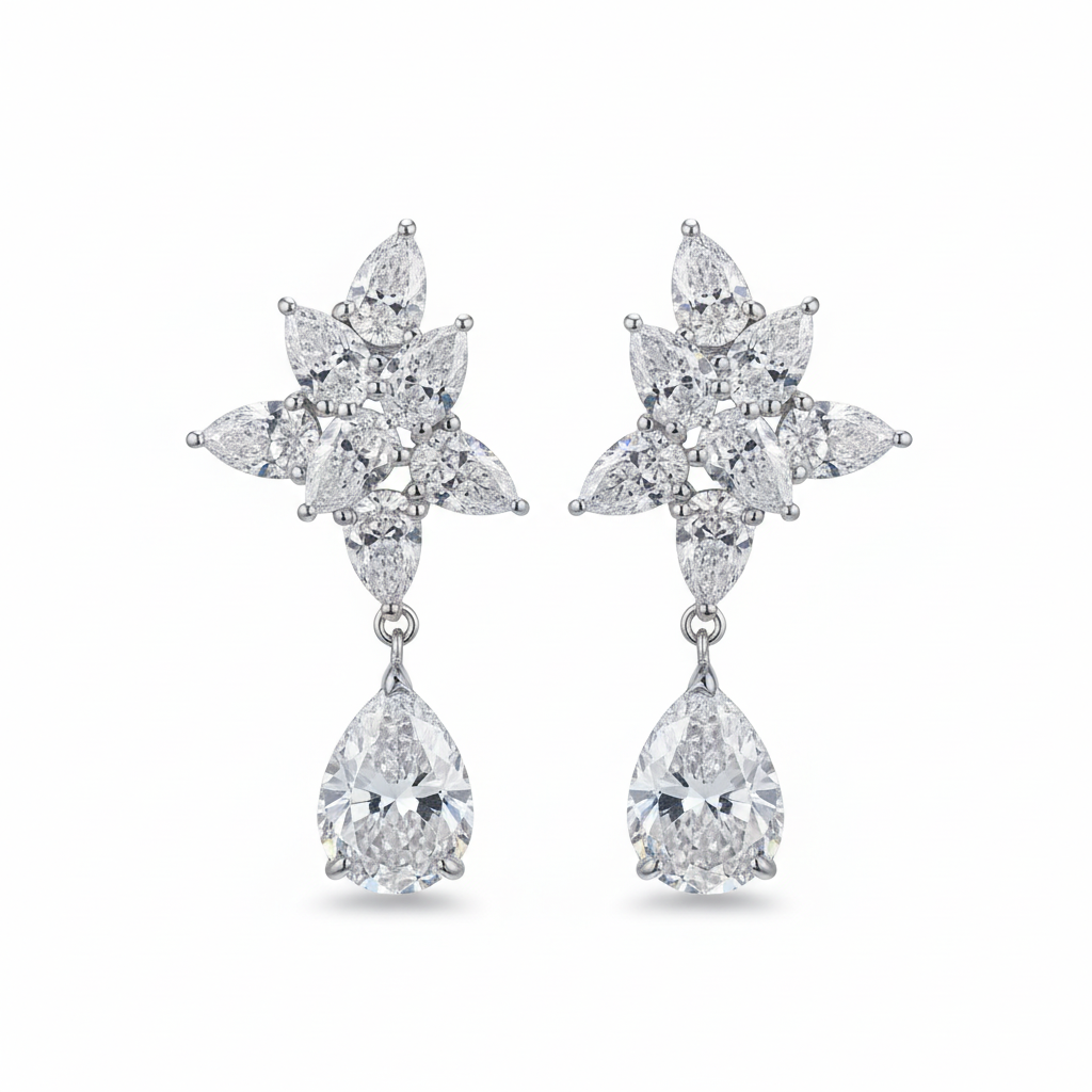 Diamond flower cluster drop earrings on white background