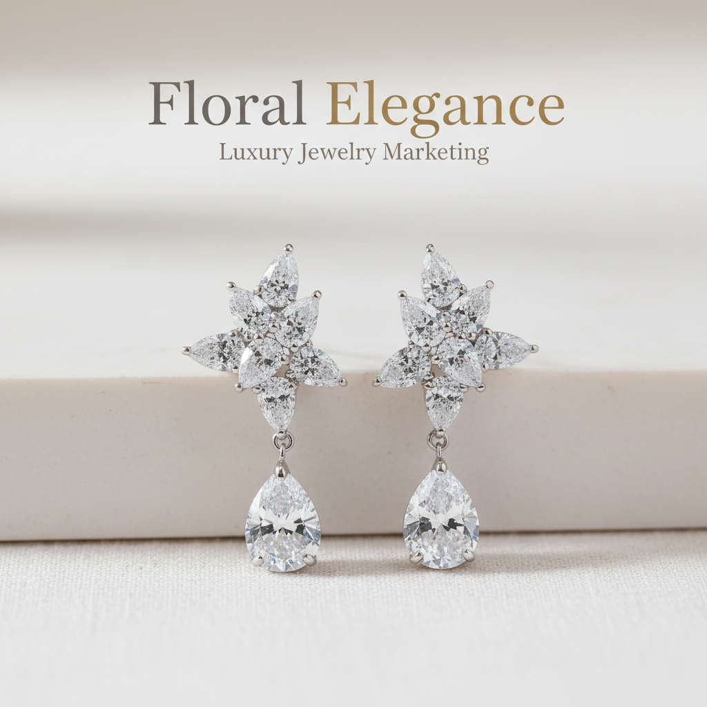 Diamond flower earrings with "Floral Elegance" text overlay