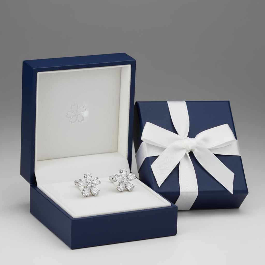 Diamond flower stud earrings in luxury gift box - gift-ready presentation
