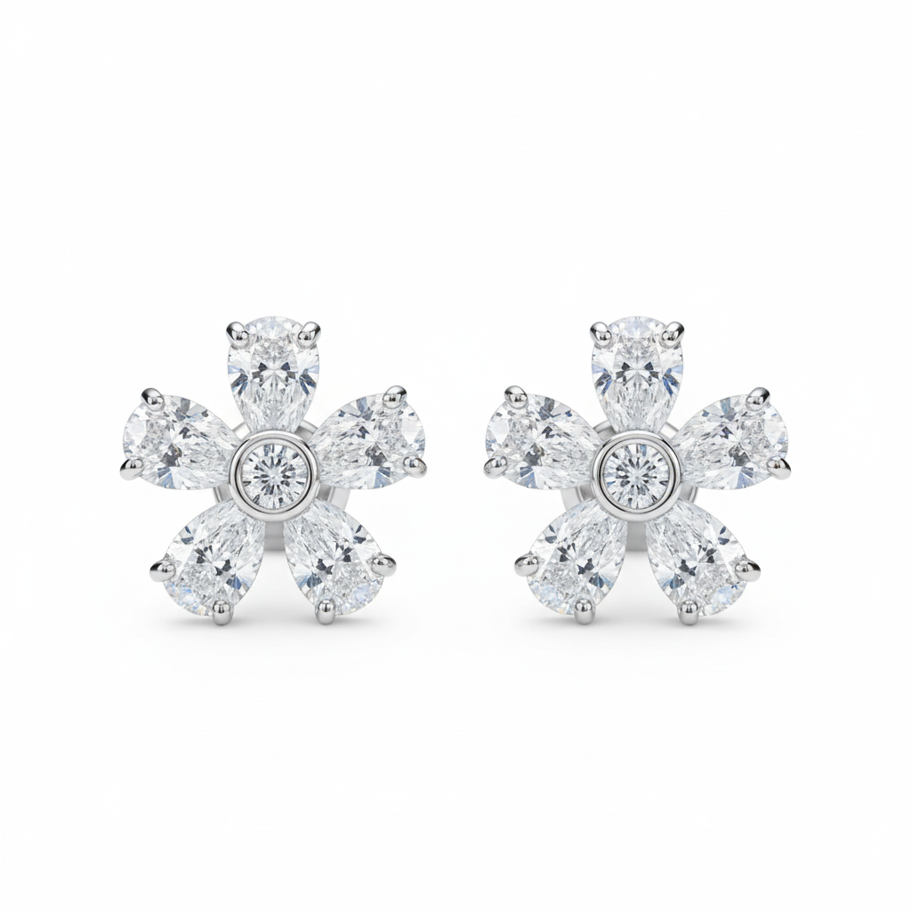 Diamond flower stud earrings on white background