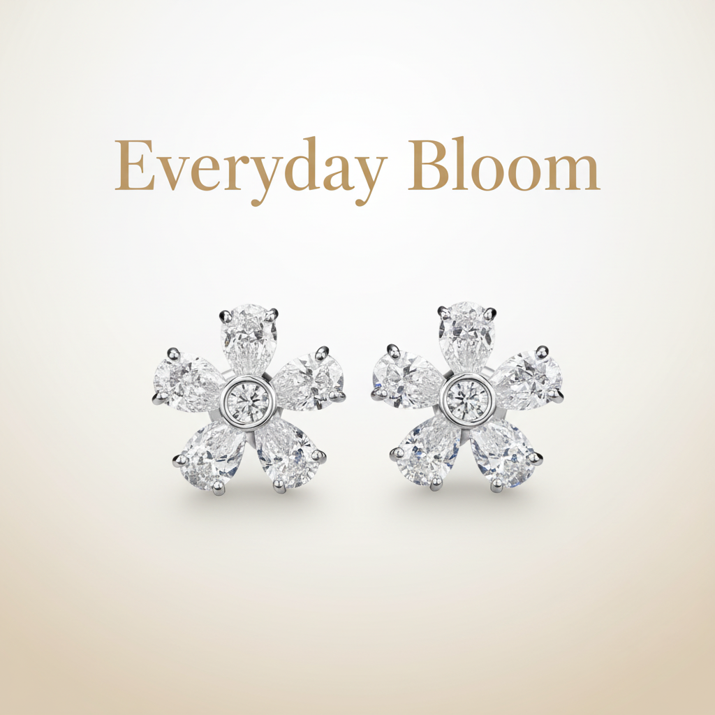 Diamond flower stud earrings with "Everyday Bloom" text overlay