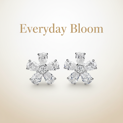 Diamond flower stud earrings with "Everyday Bloom" text overlay