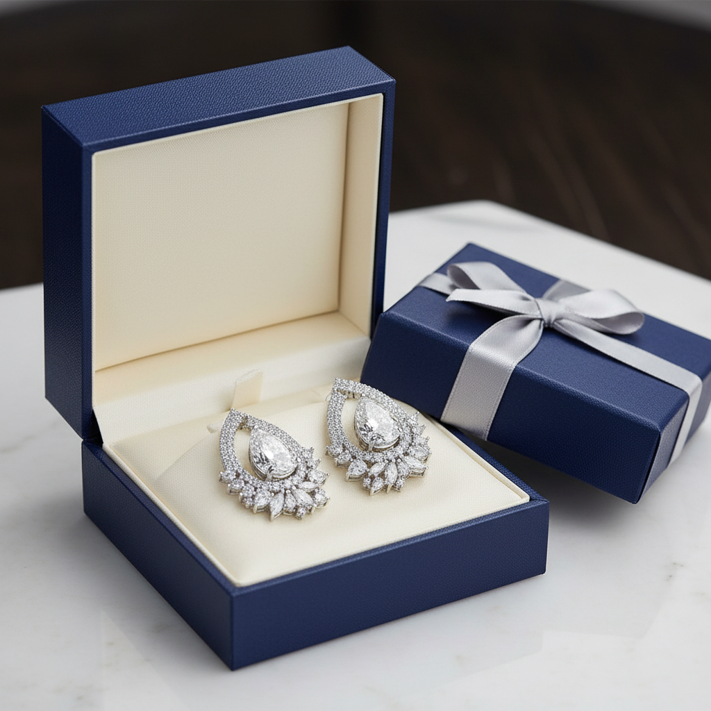 Elaborate diamond chandelier earrings in luxury gift box - gift-ready presentation