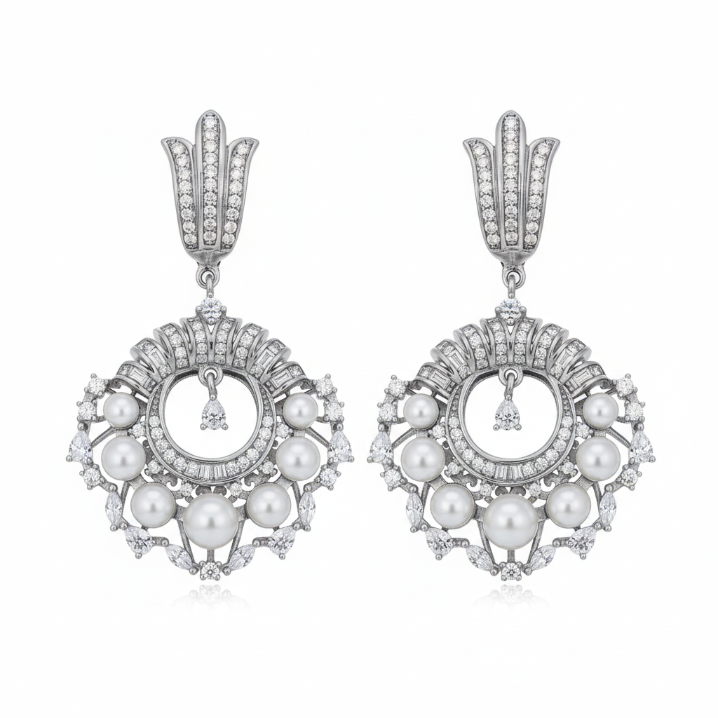 Elaborate pearl and diamond chandelier earrings on white background