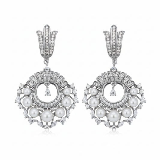 Elaborate pearl and diamond chandelier earrings on white background