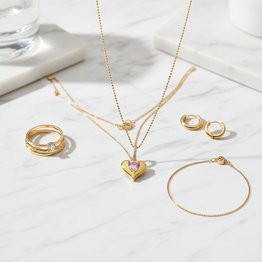 Flat lay with complementary jewelry