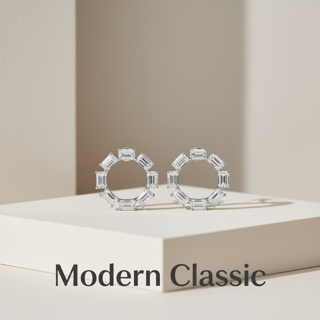 Geometric diamond hoop earrings with "Modern Classic" text overlay