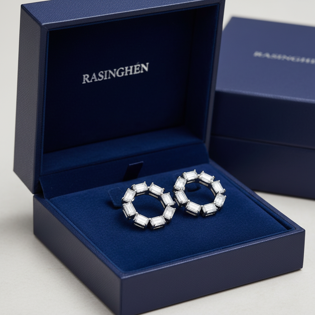 Geometric emerald-cut diamond hoop earrings in luxury gift box - gift-ready presentation