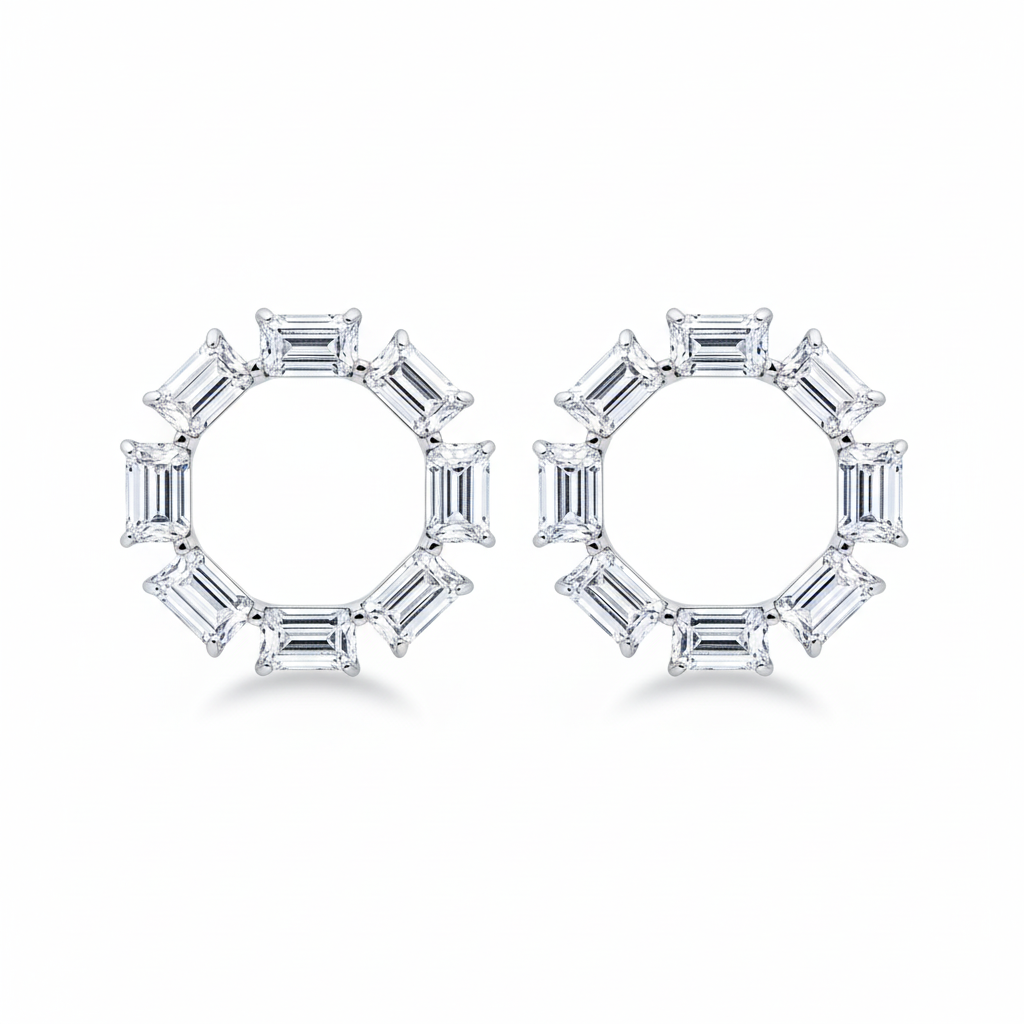 Geometric emerald-cut diamond hoop earrings on white background