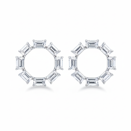 Geometric emerald-cut diamond hoop earrings on white background